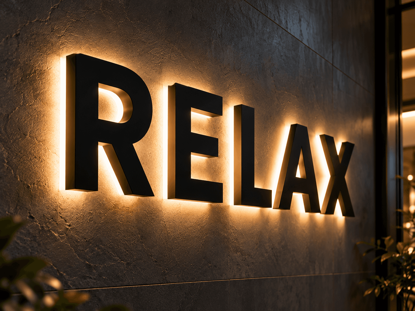 Nápis RELAX s neprůsvitným čelem a světelným obrysem na stěně.