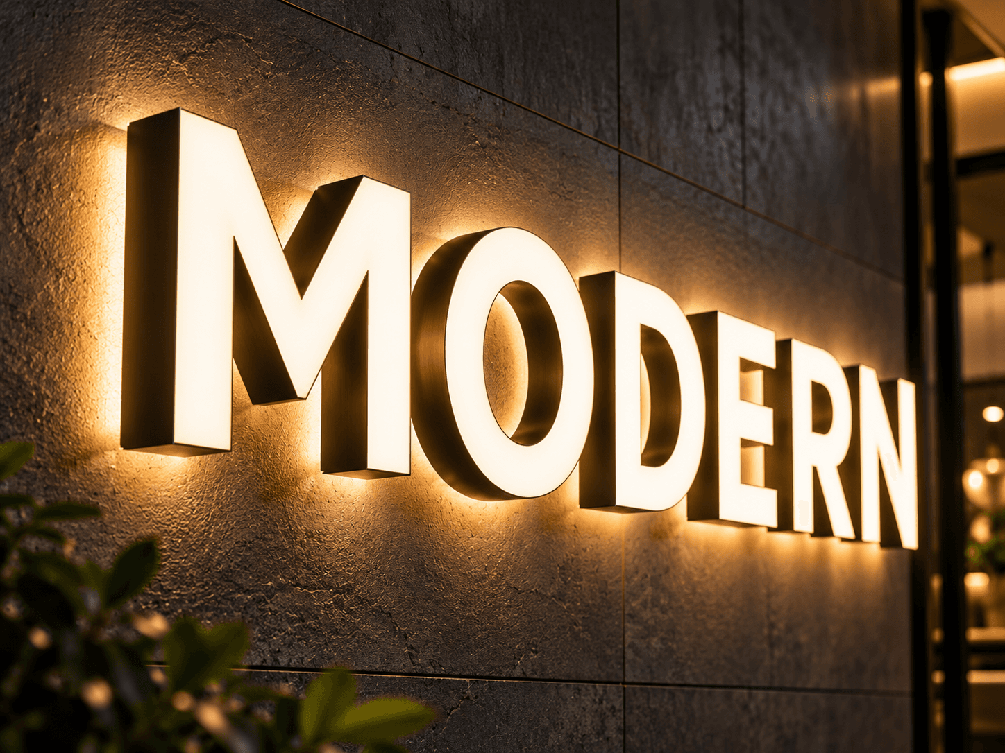 Nápis MODERN se svítícím čelem a zadním podsvícením.