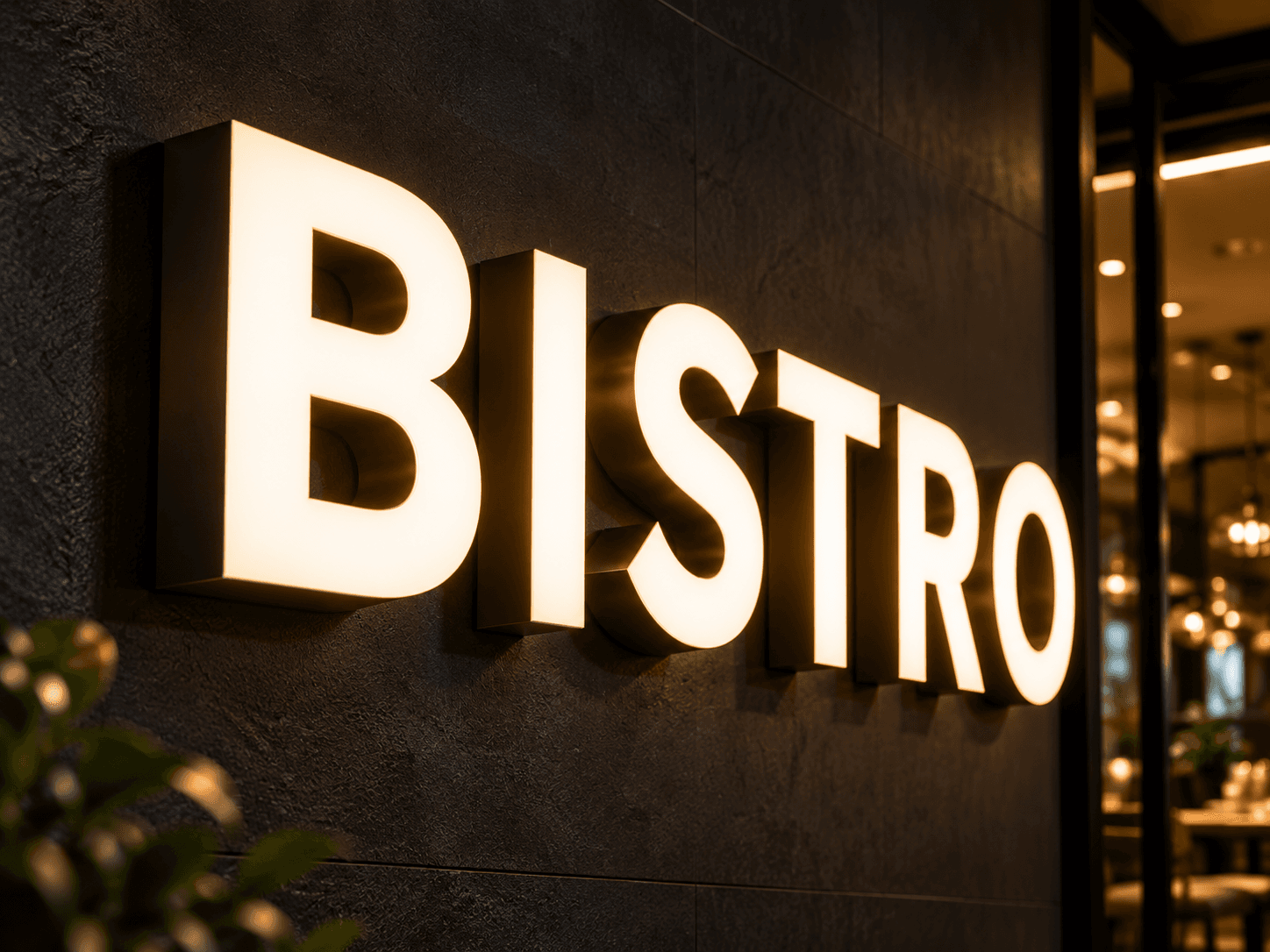 Nápis BISTRO se svítícím čelem a tmavými boky písmen.