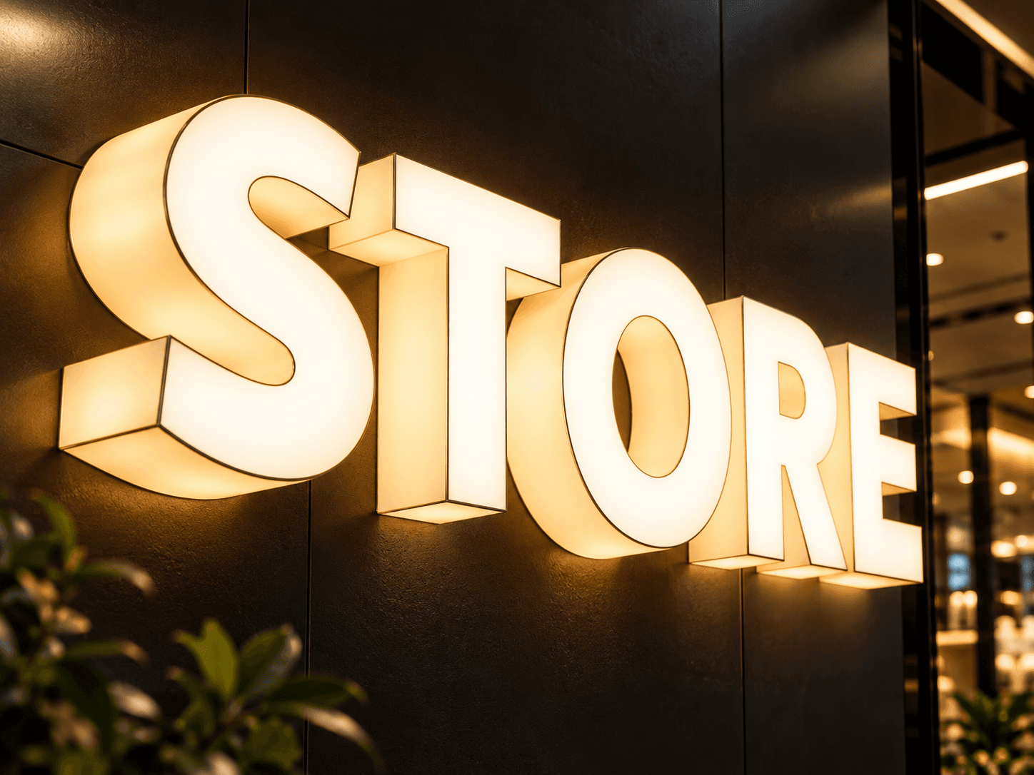 Nápis STORE se svítícím čelem i boky prostorových písmen.