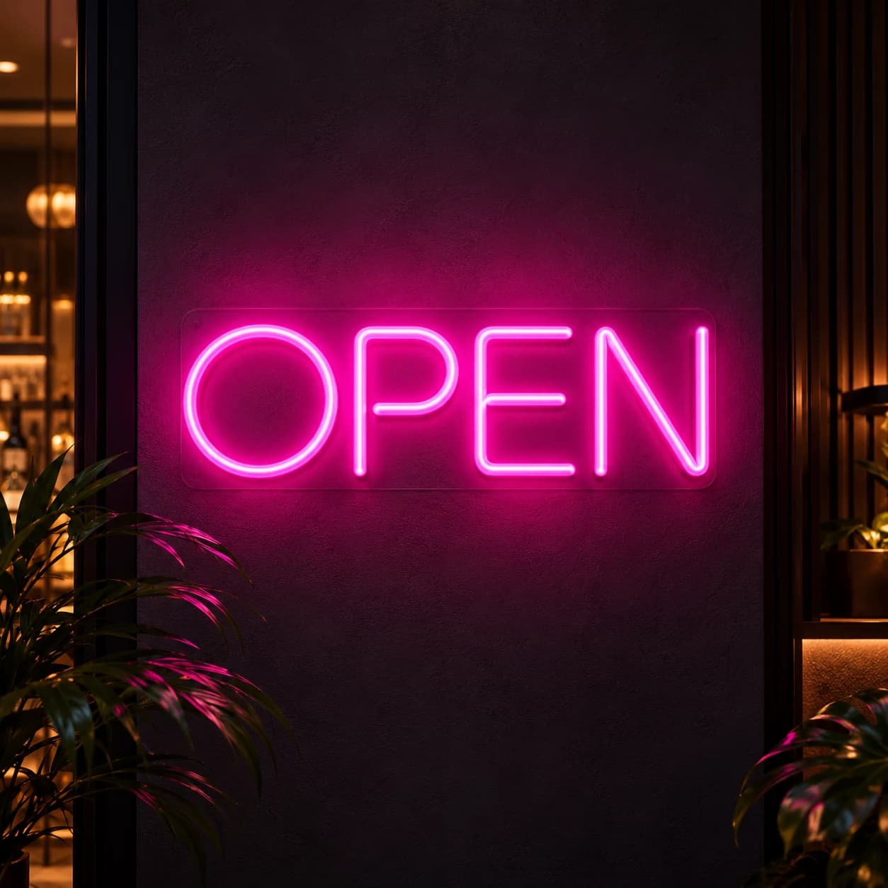elegantní purpurový LED neonový nápis OPEN